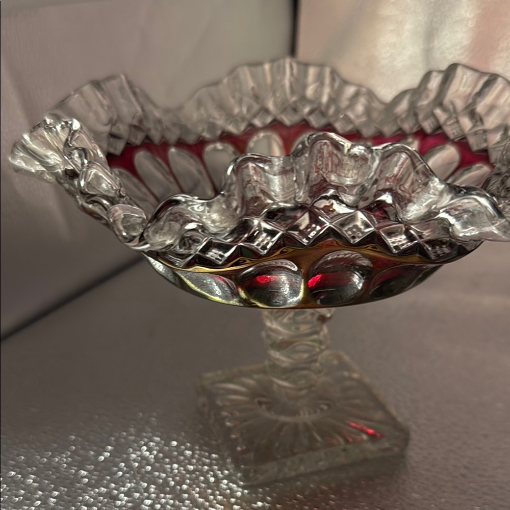 Vintage Westmoreland Ruby Red Ruffled Glass Pedestal Bowl.